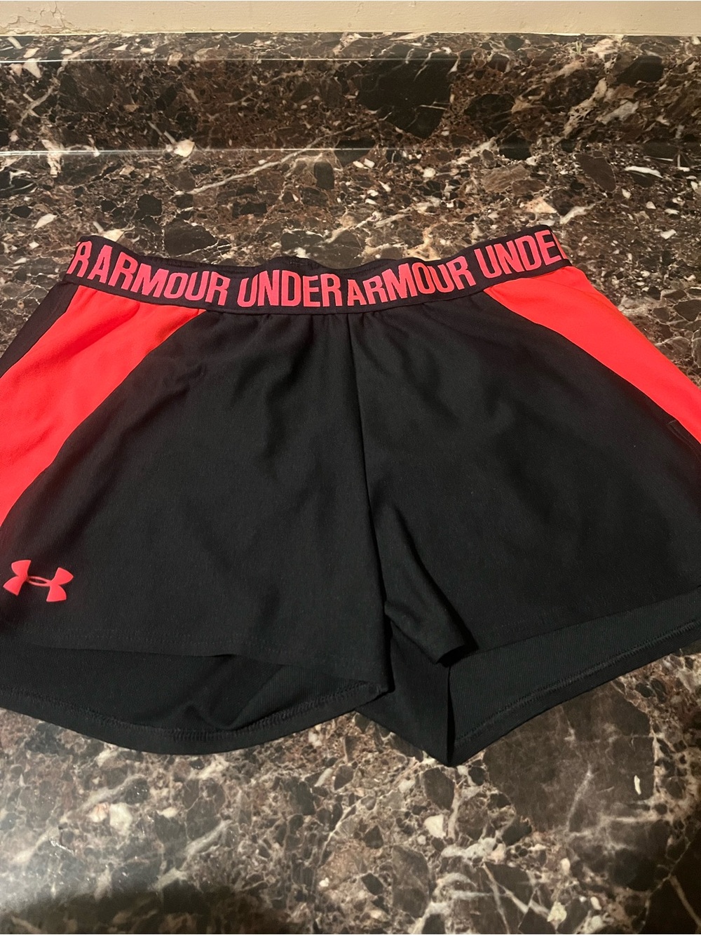 Under Armour Women’s Black and Coral Athletic Shorts with Logo Waistband